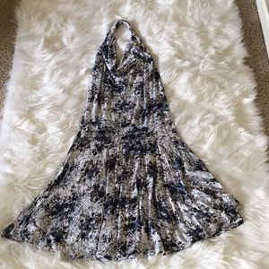 Knit white, blue and black backless halter dress